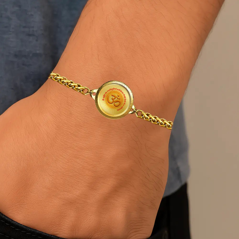 24K Gold Plated 22MM Om Bracelet with Gayatri Mantra – Spiritual Protection & Positive Energy Wristwear