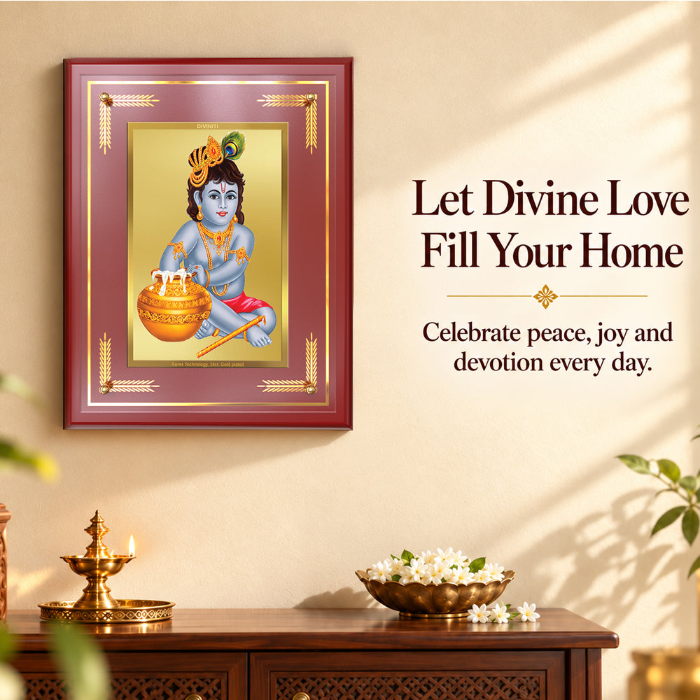 24K Gold-Plated Krishna-Bal Gopal MDF Frame | Premium Gift Box | 27x35 CM