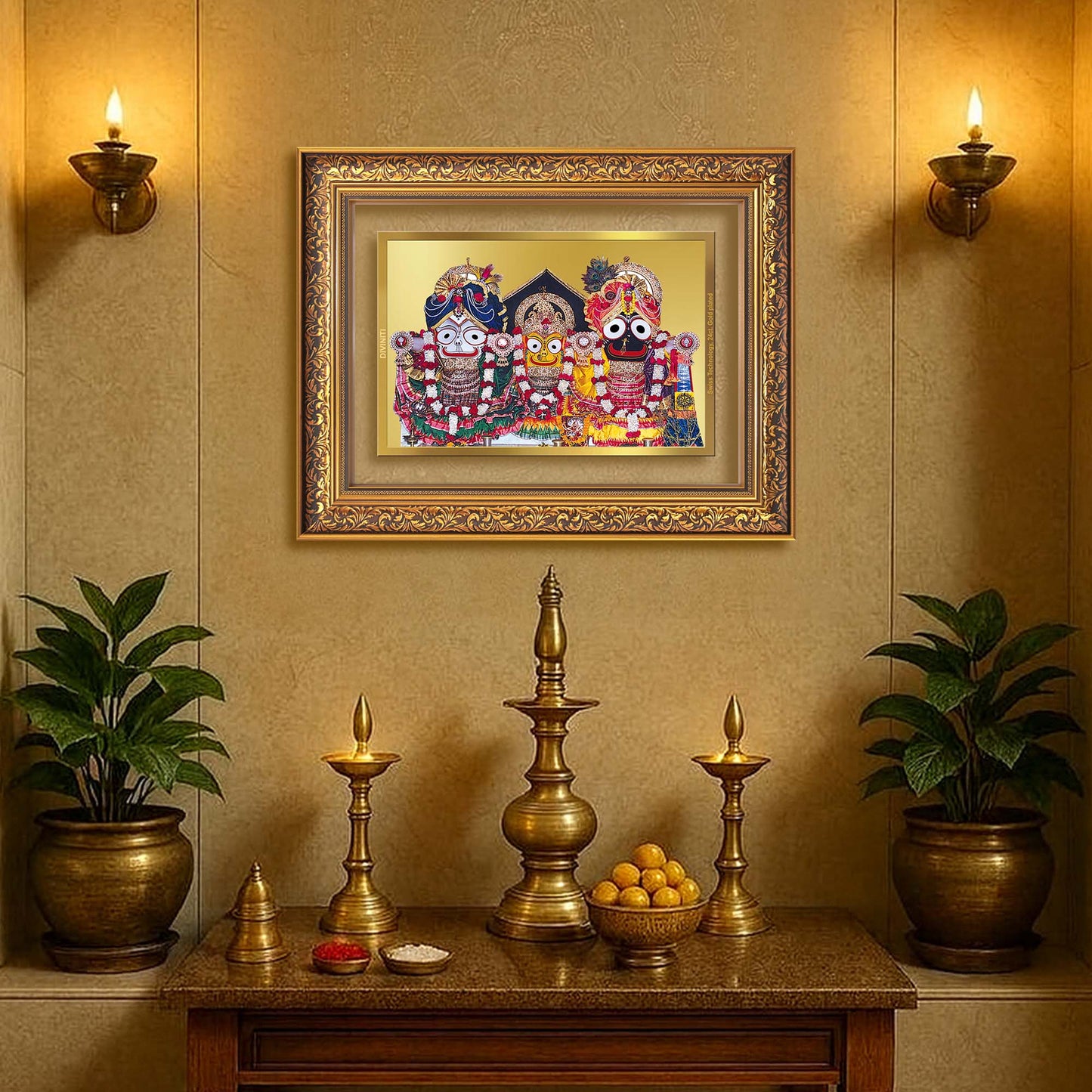 Diviniti 24K Gold Plated Jagannath Subhadra Balabhadra (Classic) Divine Wall Frame for Home Mandir & Office Decor | Luxury Spiritual Gift