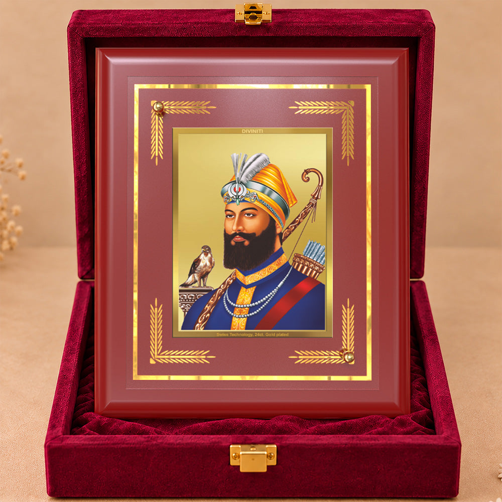 24K Gold-Plated Guru Gobind Singh Ji MDF Frame | Premium Gift Box | 16 X 13.5 CM