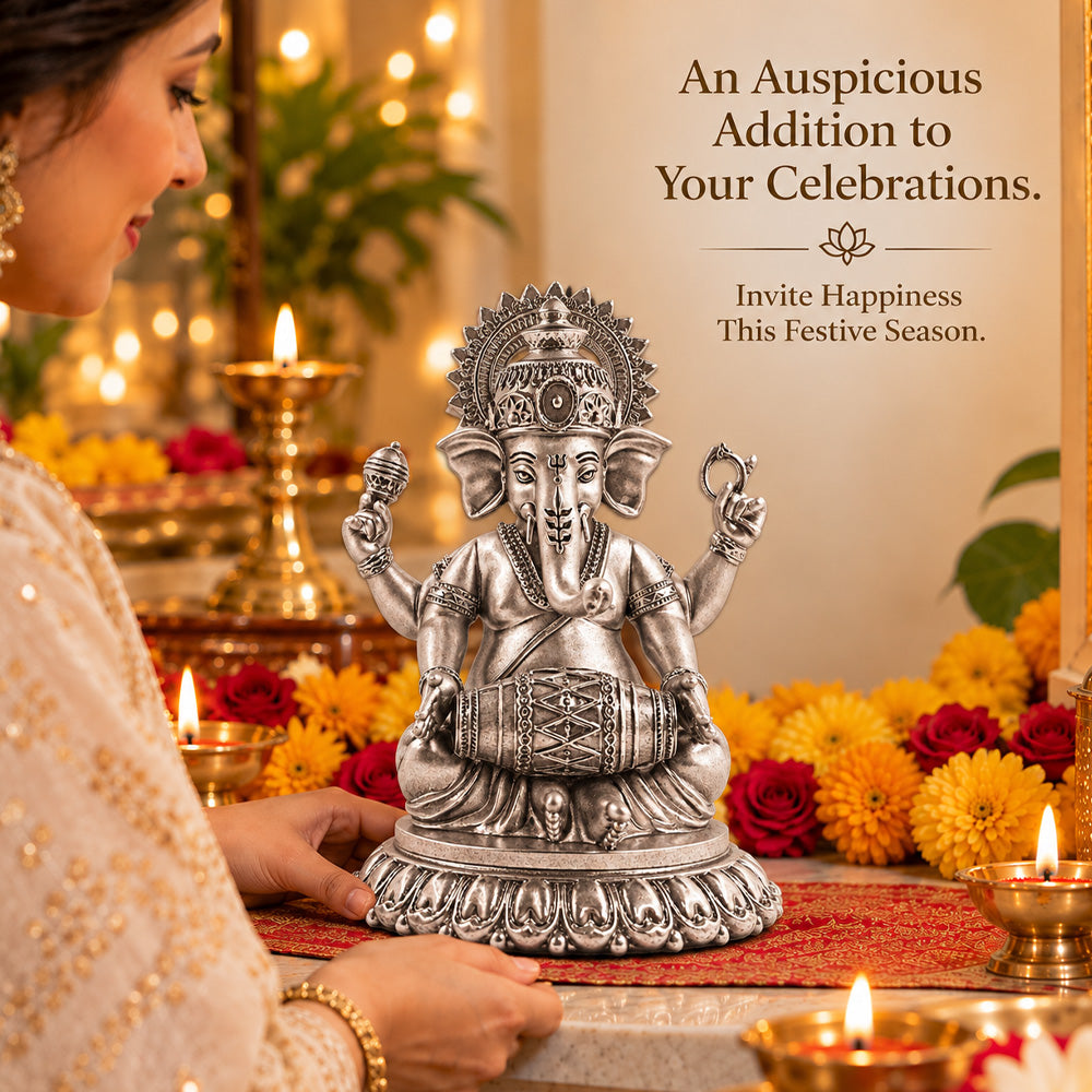 999 Silver-Plated Antique Dholak Ganesha Idol | Premium Gift Box | 15x12 CM