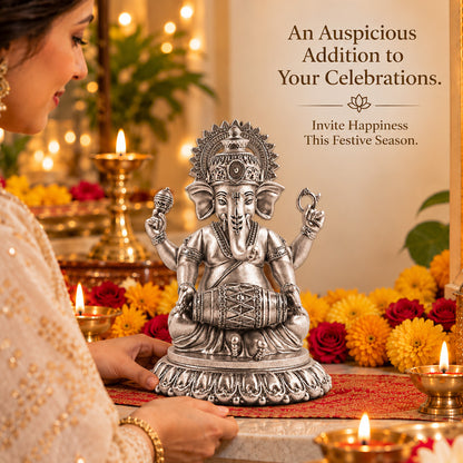 999 Silver-Plated Antique Dholak Ganesha Idol | Premium Gift Box | 15x12 CM