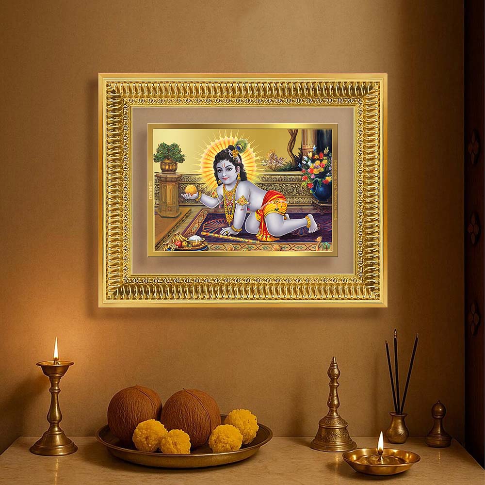 Diviniti 24K Gold Plated Laddu Gopal (Classic) Divine Wall Frame for Home Mandir & Office Decor | Luxury Spiritual Gift