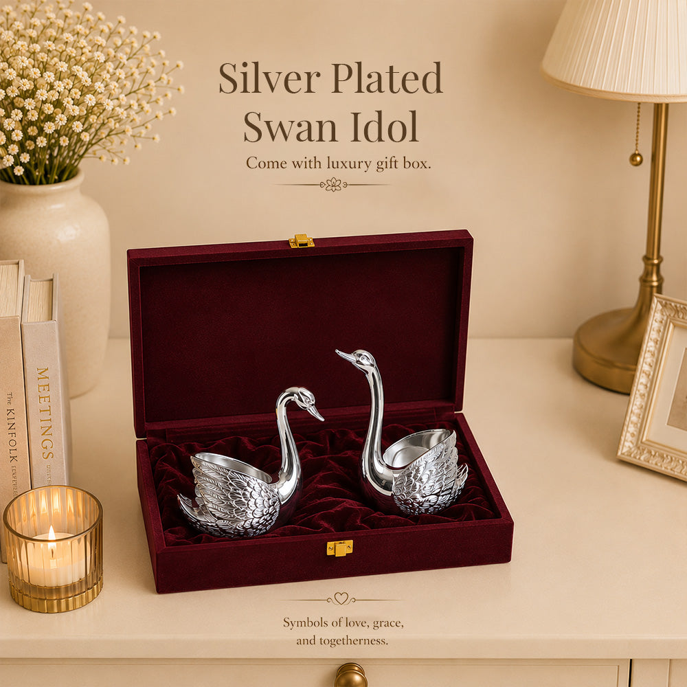 Diviniti 999 Silver Plated Swan Pair Diya Set with Luxury Gift Box | Antique Finish Home Décor