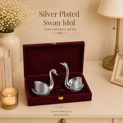 Diviniti 999 Silver Plated Swan Pair Diya Set with Luxury Gift Box | Antique Finish Home Décor