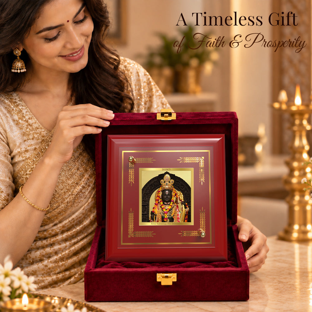 24K Gold-Plated Ram Lalla MDF Frame | Premium Gift Box | 10x10 CM
