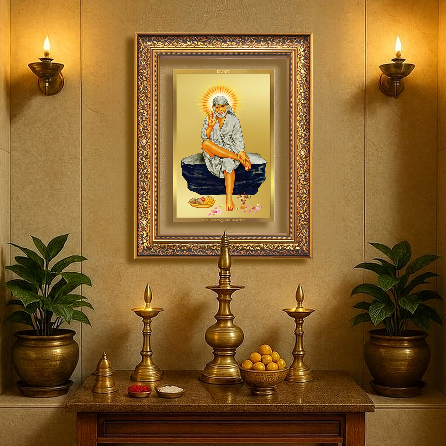 Diviniti 24K Gold Plated Sai Baba (Classic) Divine Wall Frame for Home Mandir & Office Decor | Luxury Spiritual Gift