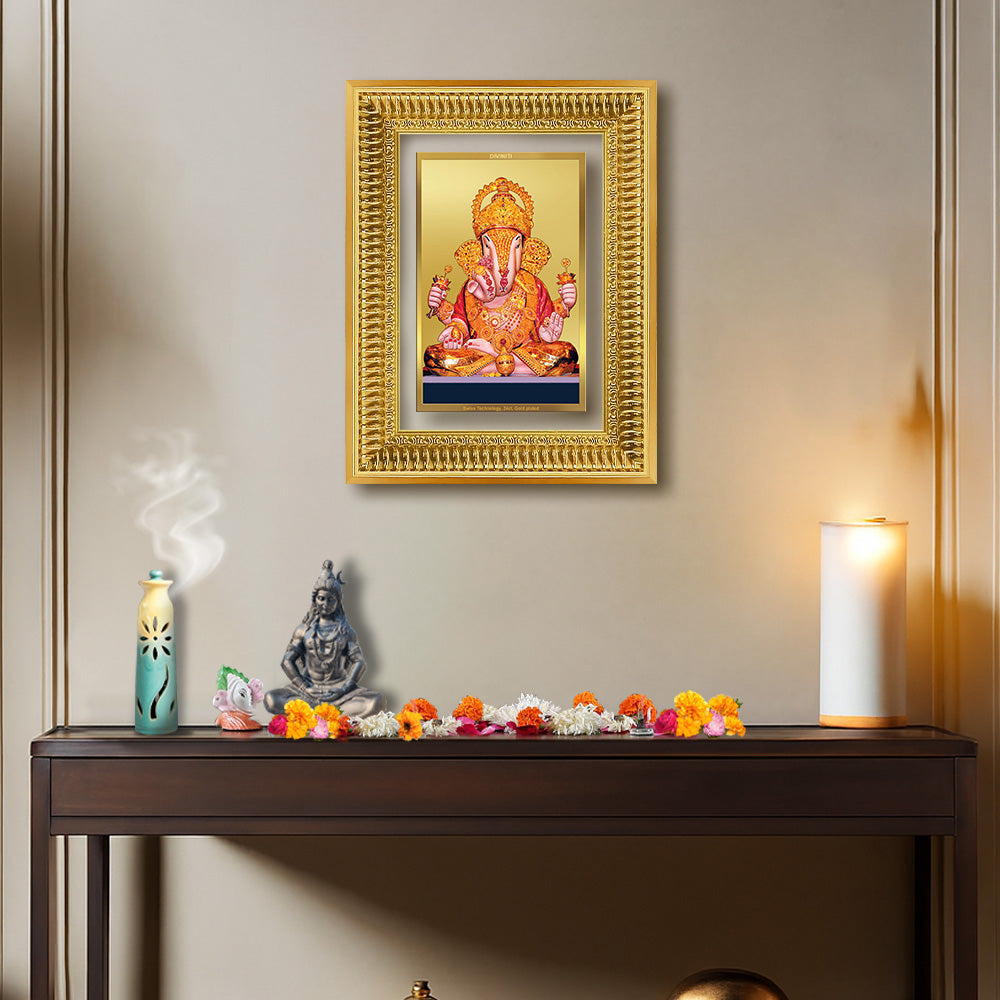 Diviniti 24K Gold Plated Dagadu Ganesha (Classic) Divine Wall Frame for Home Mandir & Office Decor | Luxury Spiritual Gift