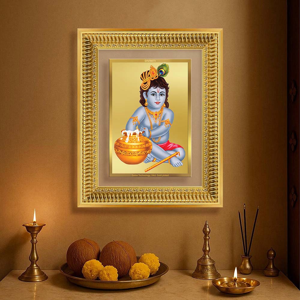 Diviniti 24K Gold Plated Bal Gopal Divine Wall Frame for Home Mandir & Office Decor | Luxury Spiritual Gift