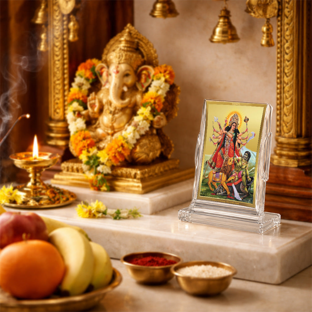 24K Gold-Plated Durga Mahishasura Mardini Acrylic Car Dashboard Frame | 11x7 CM