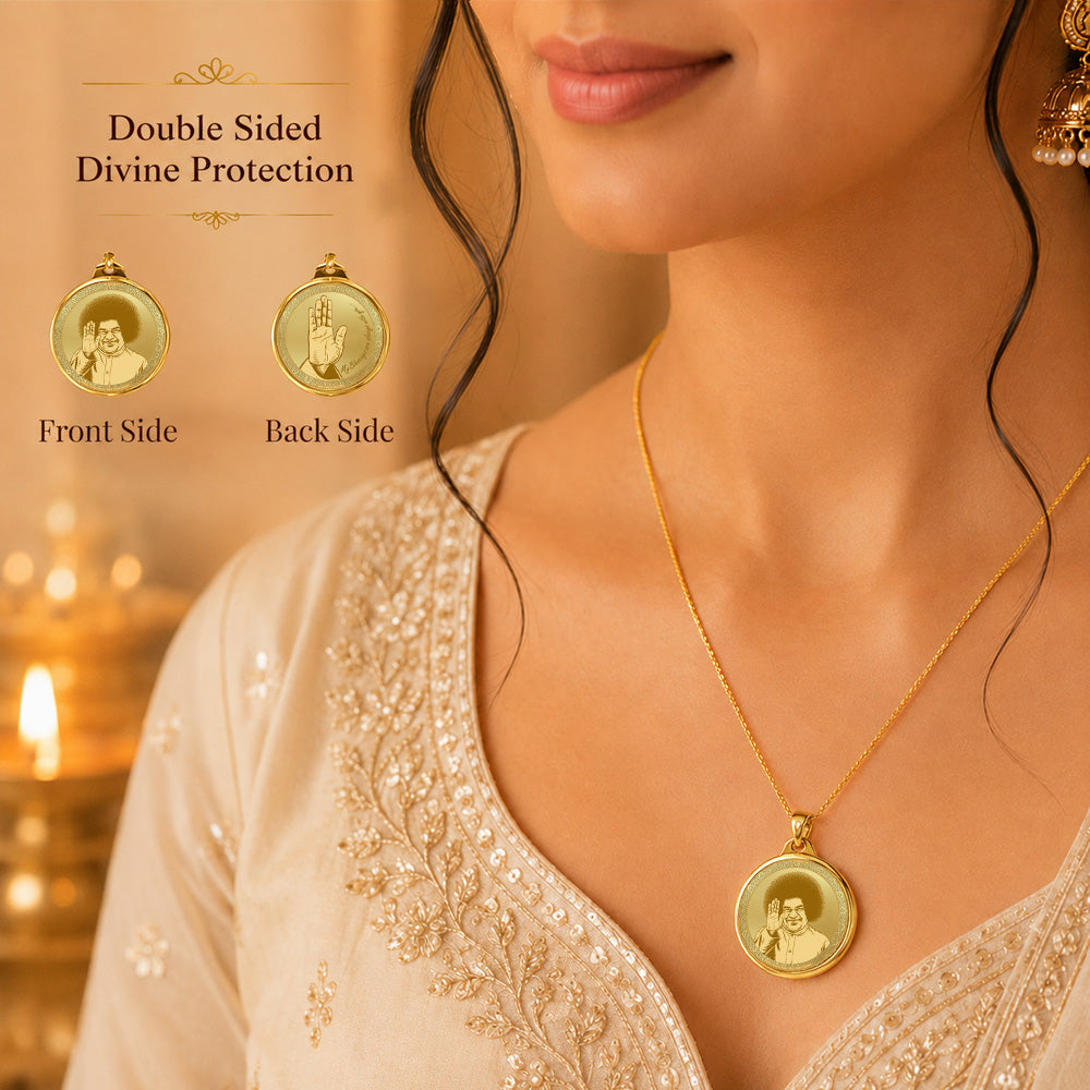 Diviniti 24K Double Sided Gold Plated Pendant Sathya Sai Baba & Blessing Hand | 18 MM Flip Coin (1 PCS)