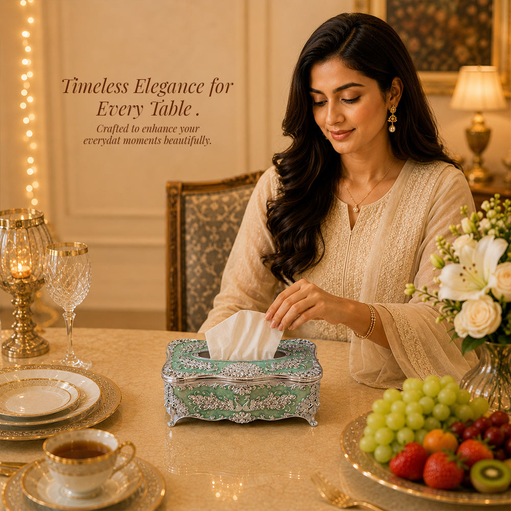 Diviniti Silver-Plated Tissue Holder | Green Enamel Ornate Tissue Box for Luxury Home Décor