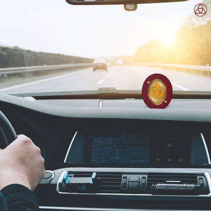 Khanda Sahib Car Dashboard Photo Frame in 24K gold-plated foil, enhancing spiritual presence while driving.