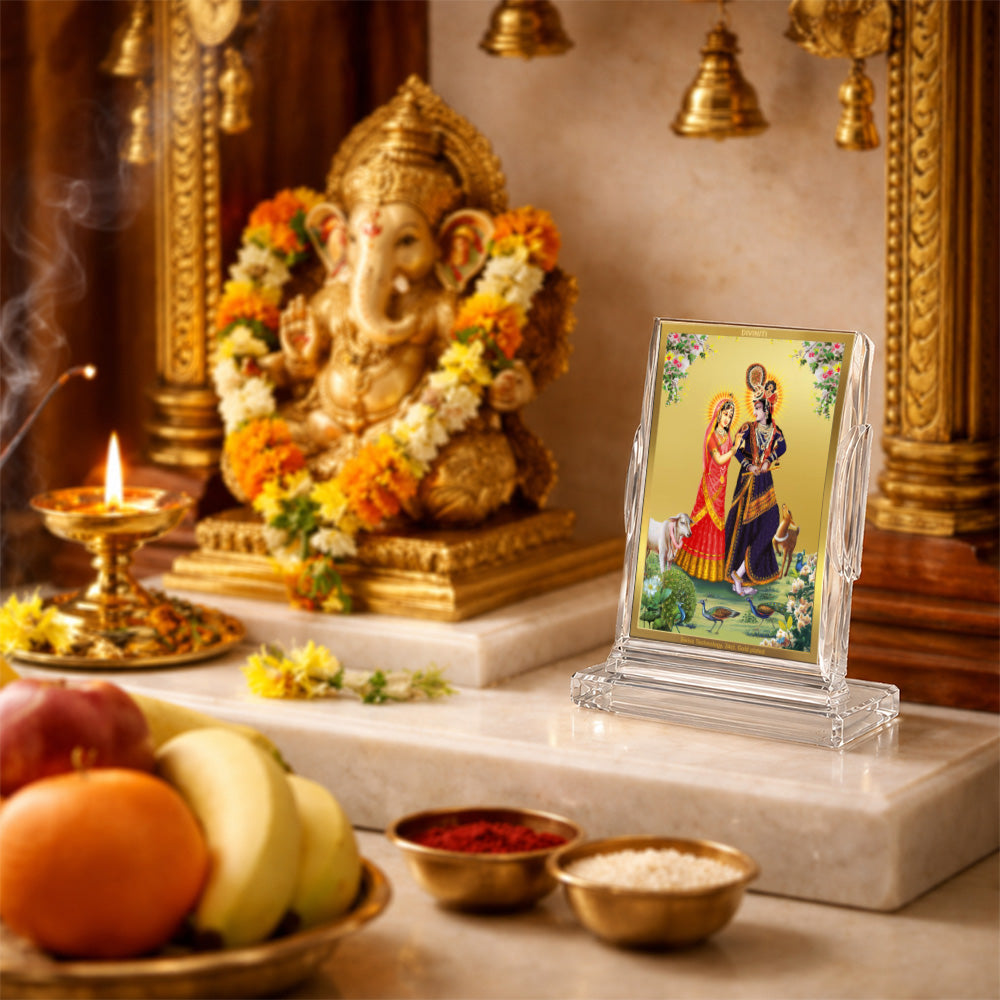 24K Gold-Plated Radha Krishna with Cow Acrylic Car Dashboard Frame | 11x7 CM