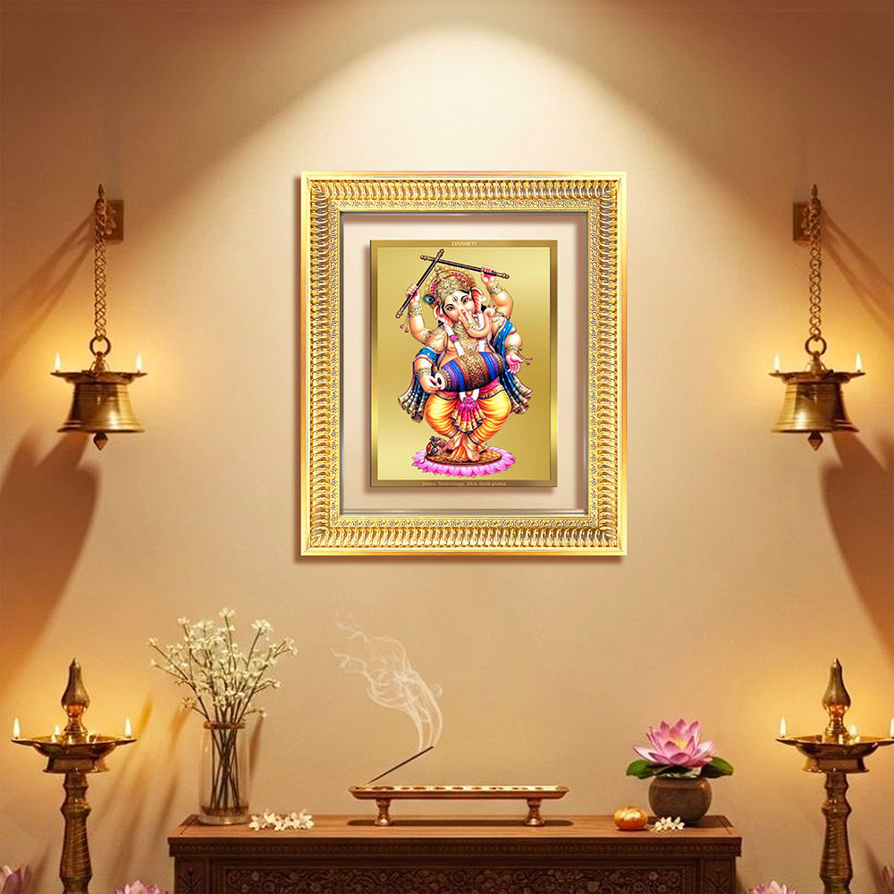 Diviniti 24K Gold Plated Dancing Ganesha (Classic) Divine Wall Frame for Home Mandir & Office Decor | Luxury Spiritual Gift
