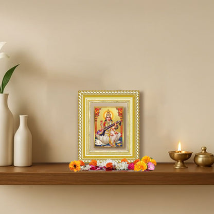 Diviniti 24K Gold Plated Saraswati Mata Divine Table Top Frame for Home Mandir & Office Decor | Luxury Spiritual Gift