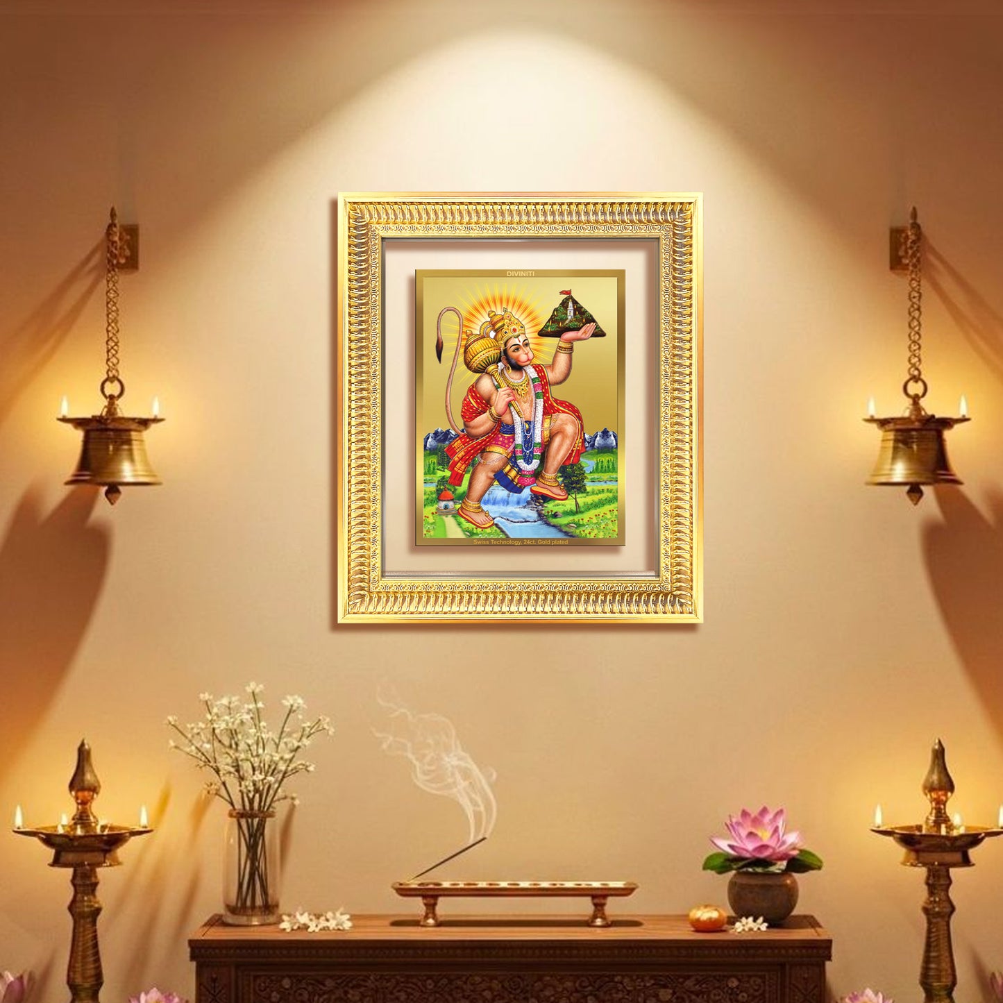 Diviniti 24K Gold Plated Hanuman With Mountain (Classic) Divine Wall Frame for Home Mandir & Office Decor | Luxury Spiritual Gift