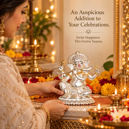 999 Silver-Plated Dual-Tone Bansuri Ganesha Idol | Premium Gift Box | 16x14 CM