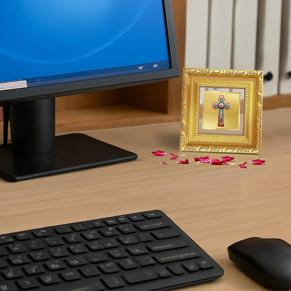 Diviniti Holy Cross Tabletop Photo Frame in 24K Gold Plated Foil | Faith, Hope & Divine Blessings | DG103S1A (10x10 CM)