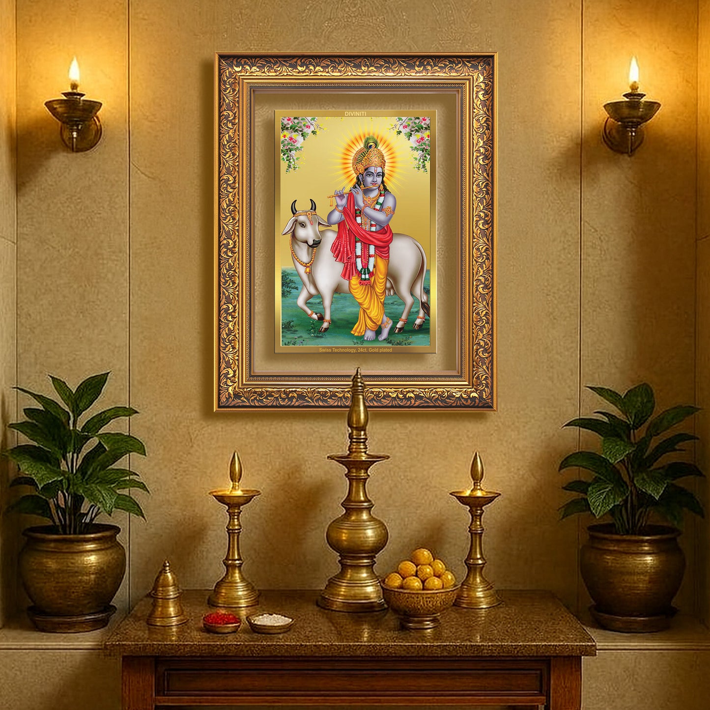 Diviniti 24K Gold Plated Krishna With Surbhi Cow (Classic) Divine Wall Frame for Home Mandir & Office Decor | Luxury Spiritual Gift