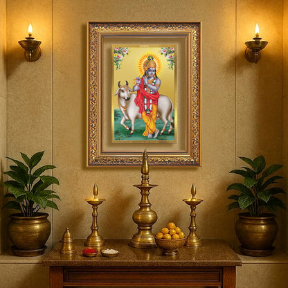 Diviniti 24K Gold Plated Krishna With Surbhi Cow (Classic) Divine Wall Frame for Home Mandir & Office Decor | Luxury Spiritual Gift