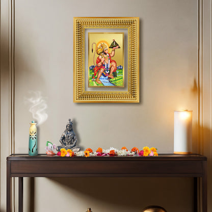 Diviniti 24K Gold Plated Hanuman With Mountain (Classic) Divine Wall Frame for Home Mandir & Office Decor | Luxury Spiritual Gift