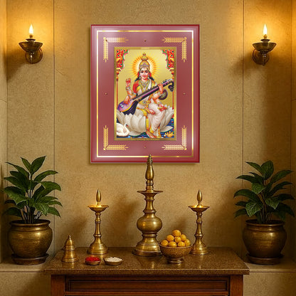 Goddess Saraswati | Divine Mother of Wisdom & Arts Wall Mount Photo Frame in 24K Gold Plated Foil