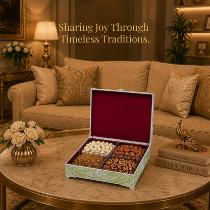 Diviniti German Silver Peacock Decorative Box 4-in-1 | Elegant Green Enamel Multipurpose Box with Luxury Gift Box