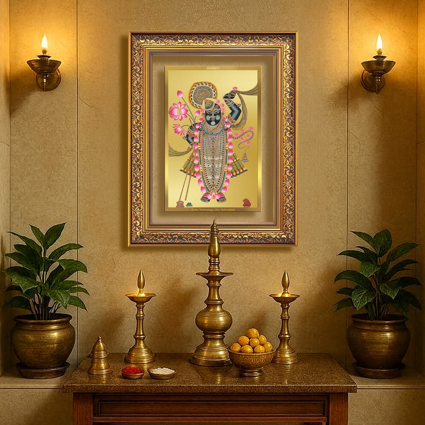 Diviniti 24K Gold Plated Shrinath Ji (Classic) Divine Wall Frame for Home Mandir & Office Decor | Luxury Spiritual Gift