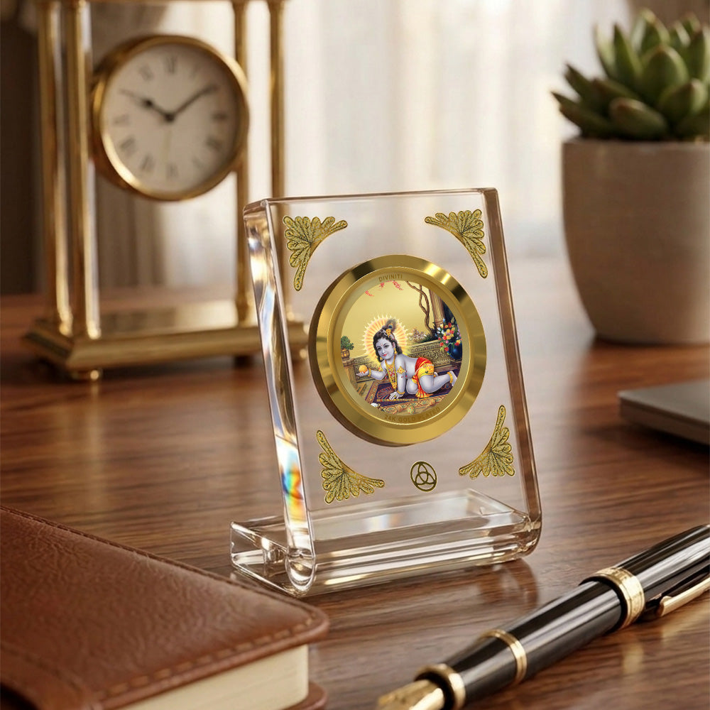 Diviniti 24K Gold Plated Laddu Gopal Acrylic Car Dashboard Frame | Baby Krishna for Car, Home Décor, Tabletop & Puja Room | Blessings of Joy, Love & Prosperity (ACF1CH)