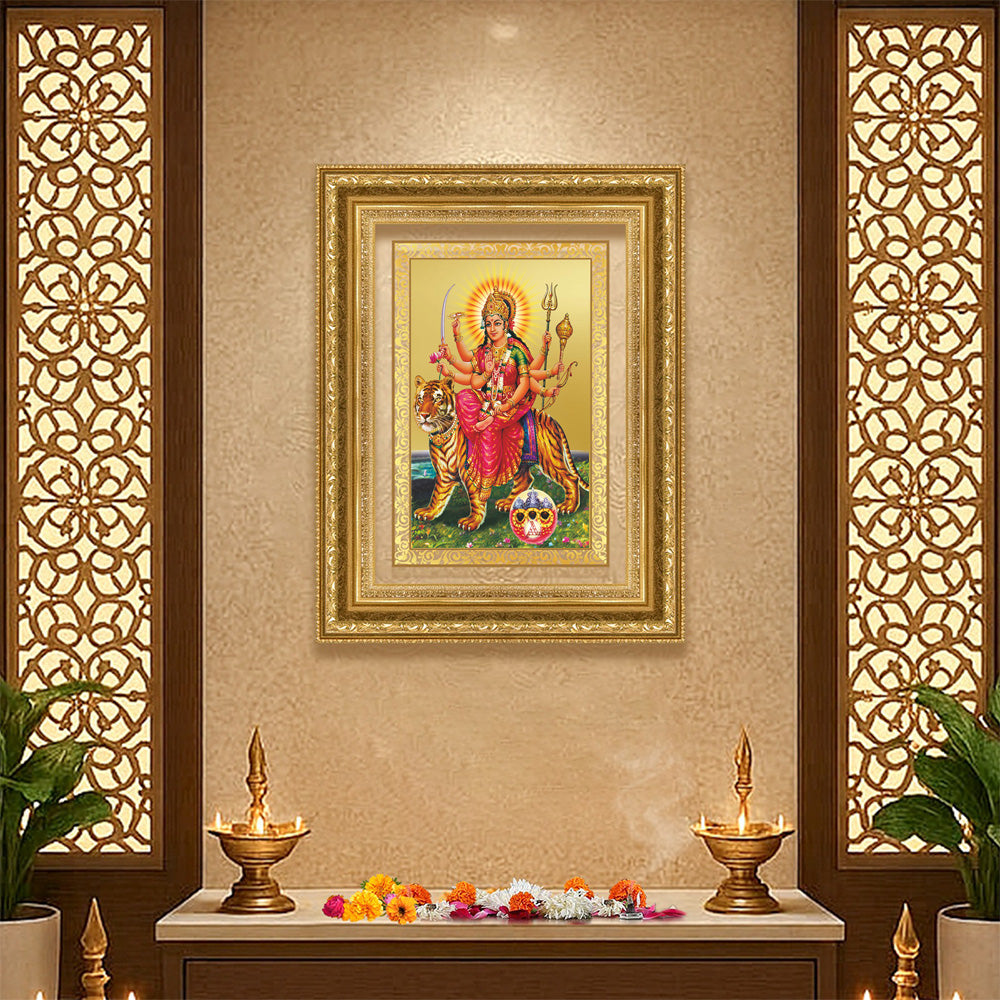 Diviniti 24K Gold Plated Durga - Sherawali Mata With Pind (Classic) Divine Wall Frame for Home Mandir & Office Decor | Luxury Spiritual Gift