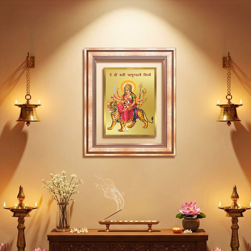 Diviniti 24K Gold Plated Durga With Mantra (Classic) Divine Wall Frame for Home Mandir & Office Decor | Luxury Spiritual Gift