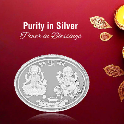 DIVINITI Pure Silver Coin Featuring Laxmi Ganesh & Om A Sacred Symbol of Prosperity and Spirituality for Home & Office Décor, Puja Room Diwali Gift (20g)