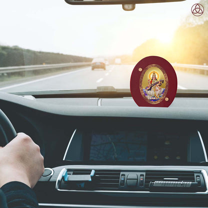 Goddess Saraswati Mata Car Dashboard Photo Frame in 24K gold-plated foil, enhancing spiritual presence while driving.