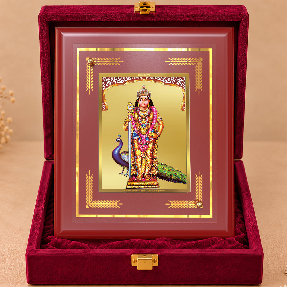24K Gold-Plated Lord Murugan MDF Frame | Premium Gift Box | 13.5x16 CM