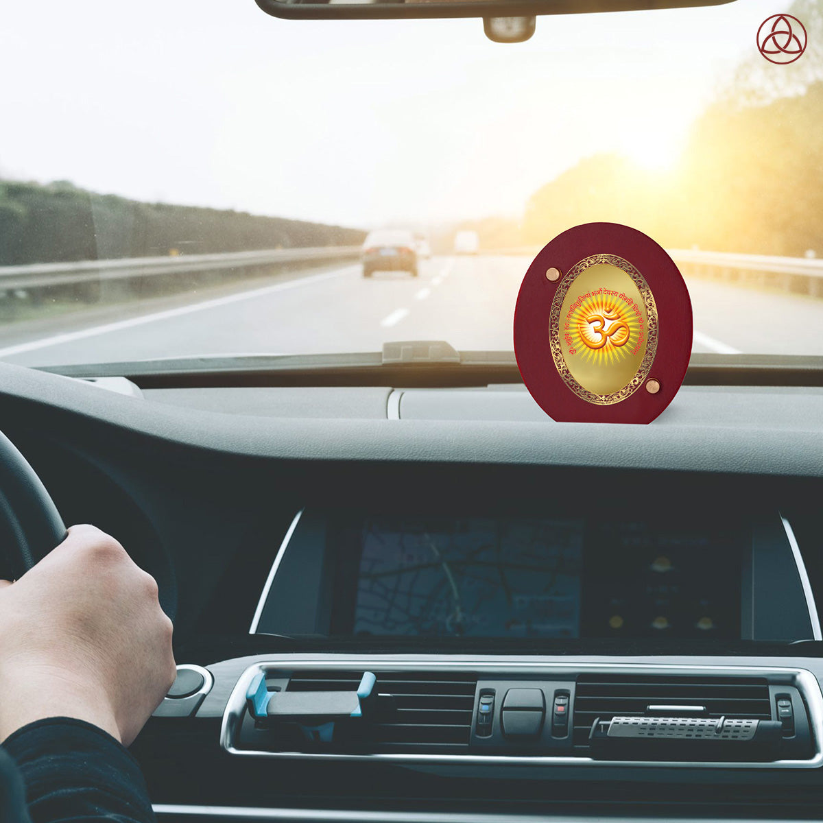 Om & Gayatri Mantra Car Dashboard Photo Frame in 24K gold-plated foil, enhancing spiritual presence while driving.