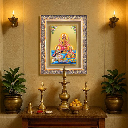 Goddess Lakshmi, Saraswati & Lord Ganesha | Divine Trio Wall Mount Photo Frame in 24K Gold Plated Foil