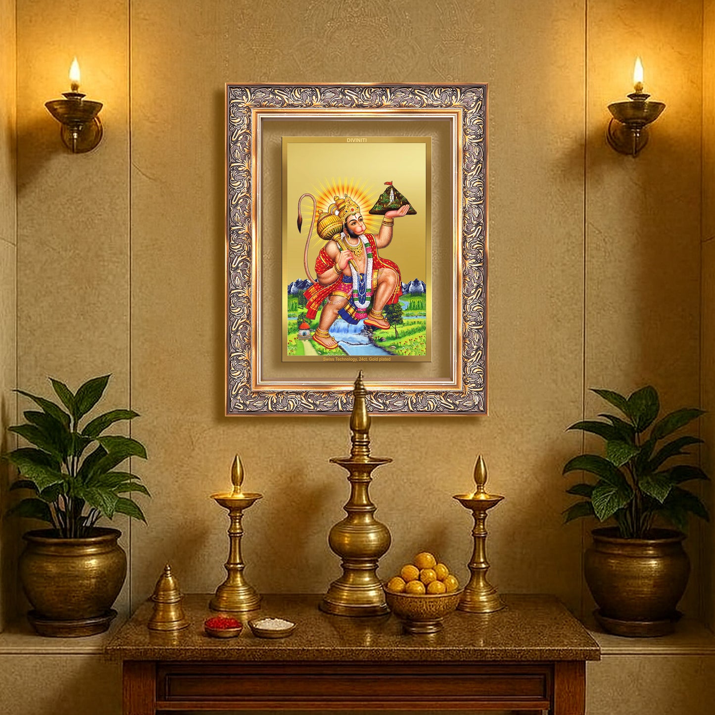 Diviniti 24K Gold Plated Hanuman With Mountain (Classic) Divine Wall Frame for Home Mandir & Office Decor | Luxury Spiritual Gift