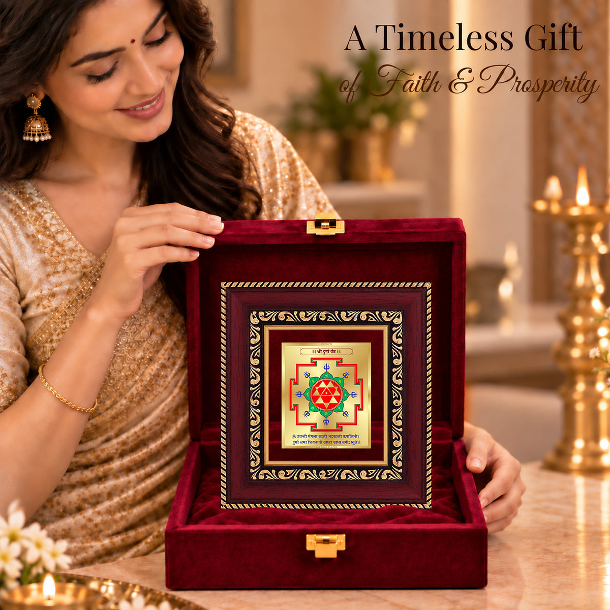 24K Gold-Plated Durga Yantra Frame | Premium Gift Box | 12x11 CM
