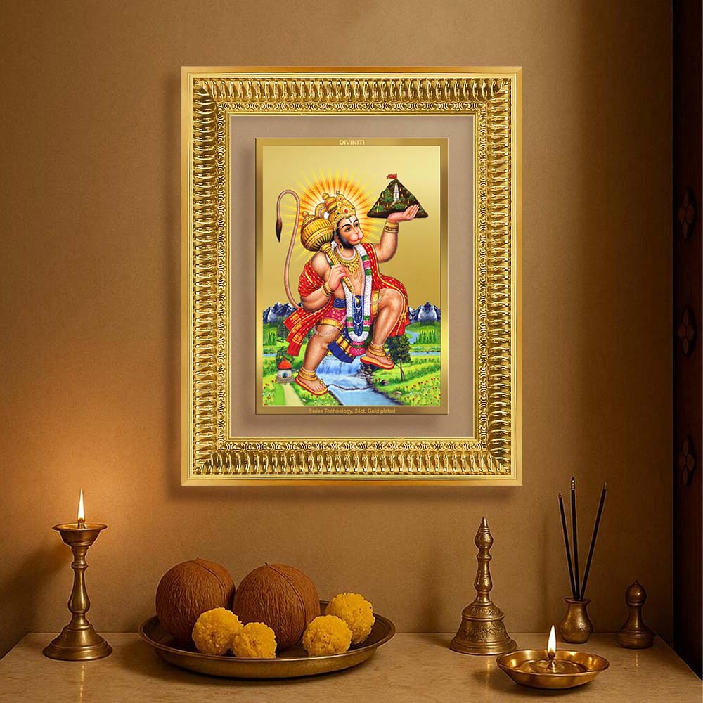 Diviniti 24K Gold Plated Hanuman With Mountain (Classic) Divine Wall Frame for Home Mandir & Office Decor | Luxury Spiritual Gift