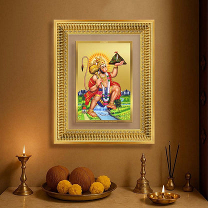 Diviniti 24K Gold Plated Hanuman With Mountain (Classic) Divine Wall Frame for Home Mandir & Office Decor | Luxury Spiritual Gift
