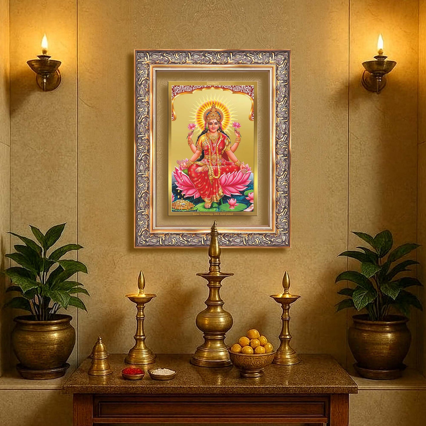 Diviniti 24K Gold Plated Lakshmi (Classic) Divine Wall Frame for Home Mandir & Office Decor | Luxury Spiritual Gift