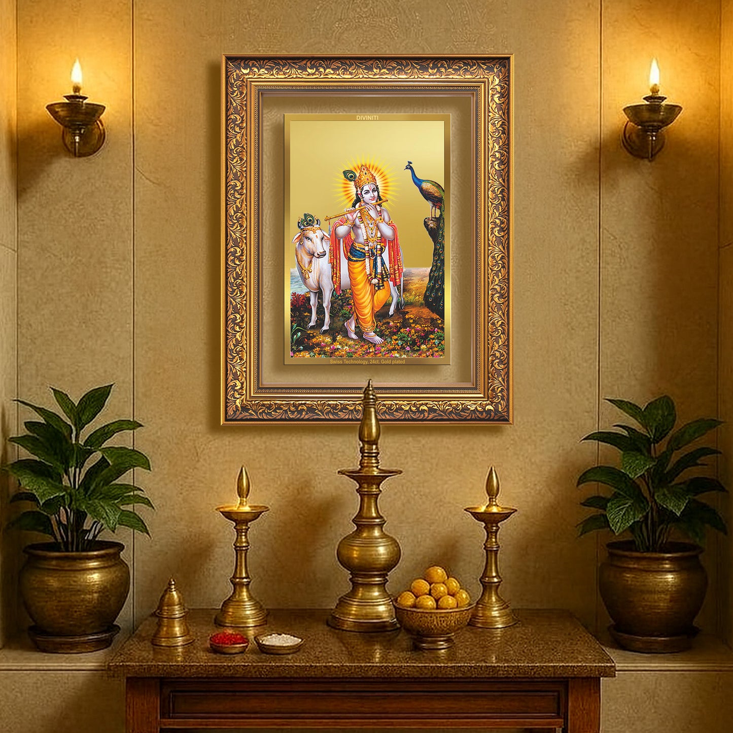 Lord Krishna with Surbhi Cow | Divine Wall Mount Photo Frame in 24K Gold Plated Foil