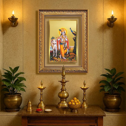 Lord Krishna with Surbhi Cow | Divine Wall Mount Photo Frame in 24K Gold Plated Foil