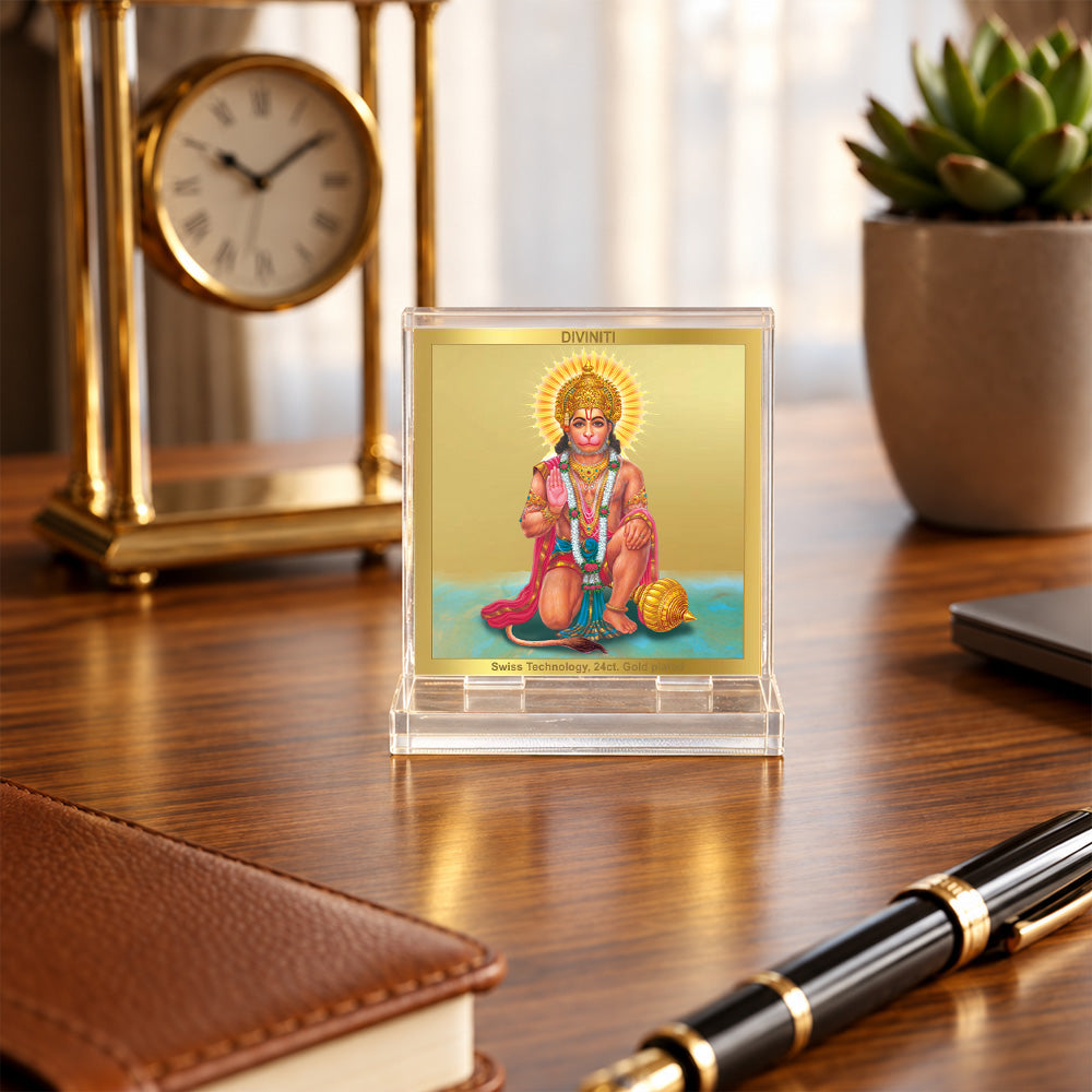 24K Gold-Plated Lord Hanuman Acrylic Car Dashboard Frame | 6x5 CM