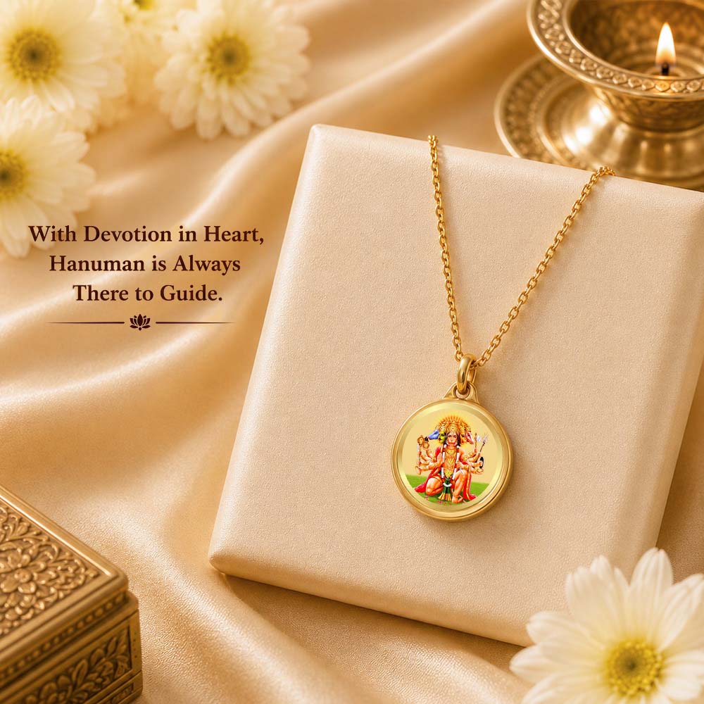 Diviniti 24K Gold Plated Lord Panchmukhi Hanuman & Yantra 18MM Double Sided Pendant For Men, Women & Kids