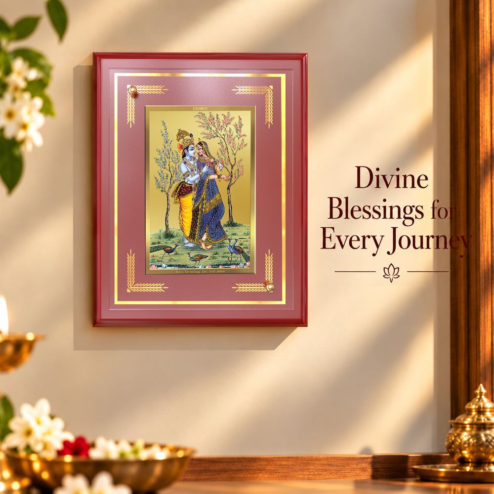 24K Gold-Plated Radha Krishna & Peacock MDF Frame | Premium Gift Box | 26x20 CM