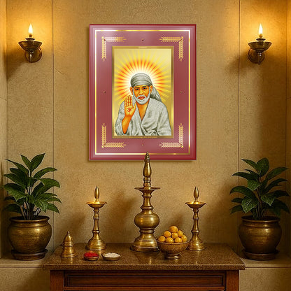 Shirdi Sai Baba Blessing Pose Wall Photo Frame in 24K Gold Plated Foil | Faith, Protection & Divine Grace