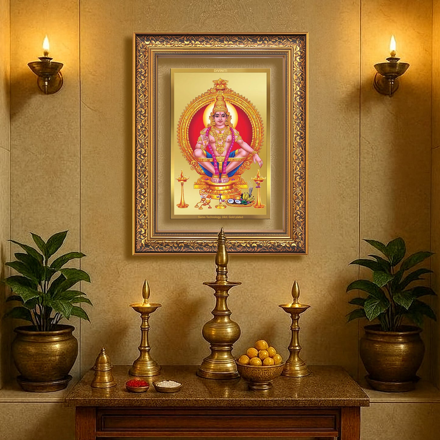 Diviniti 24K Gold Plated Ayyappan Divine Wall Frame for Home Mandir & Office Decor | Luxury Spiritual Gift