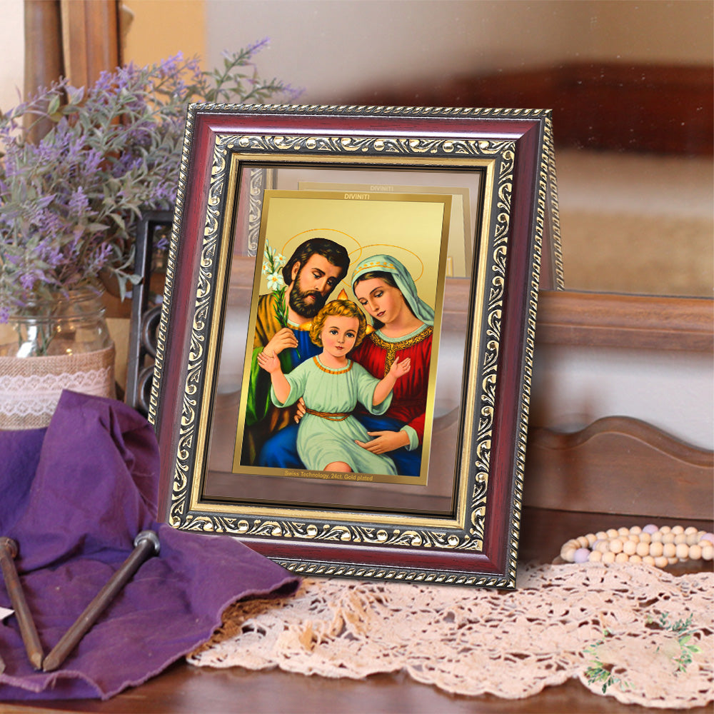 Diviniti 24K Gold Plated Holy Family (Classic) Divine Wall and Table Top Frame for Home Mandir & Office Decor | Luxury Spiritual Gift